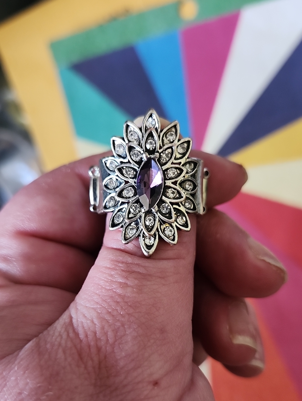 Women's Silver-Tone Floral Marquise Ring with Purple Center